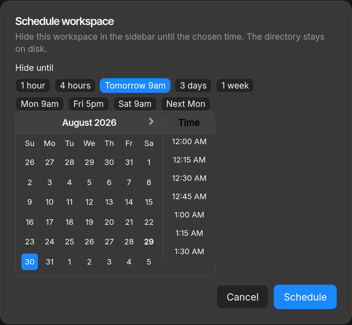 Schedule workspace dialog with hide-until presets