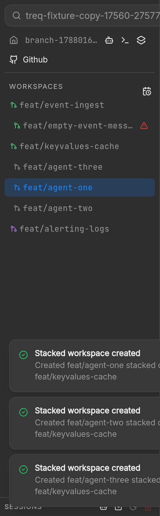 Sidebar after three new agent workspaces appear